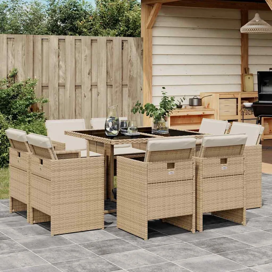 Ensemble à manger de jardin et coussins 9 pcs beige Poly rotin