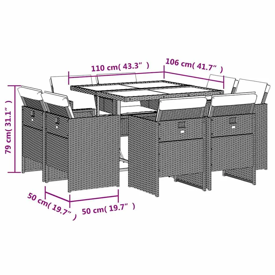 Ensemble à manger de jardin et coussins 9 pcs beige Poly rotin - 8