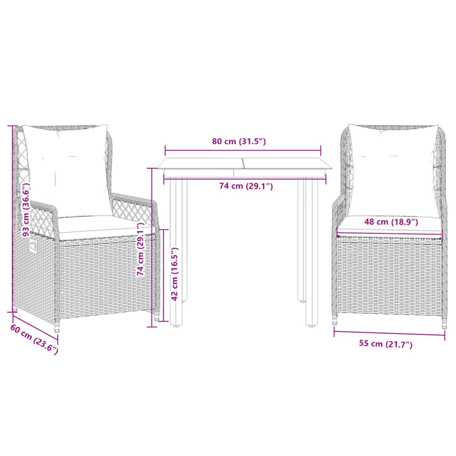 Ensemble à manger de jardin avec coussins 3 pcs Noir - 8