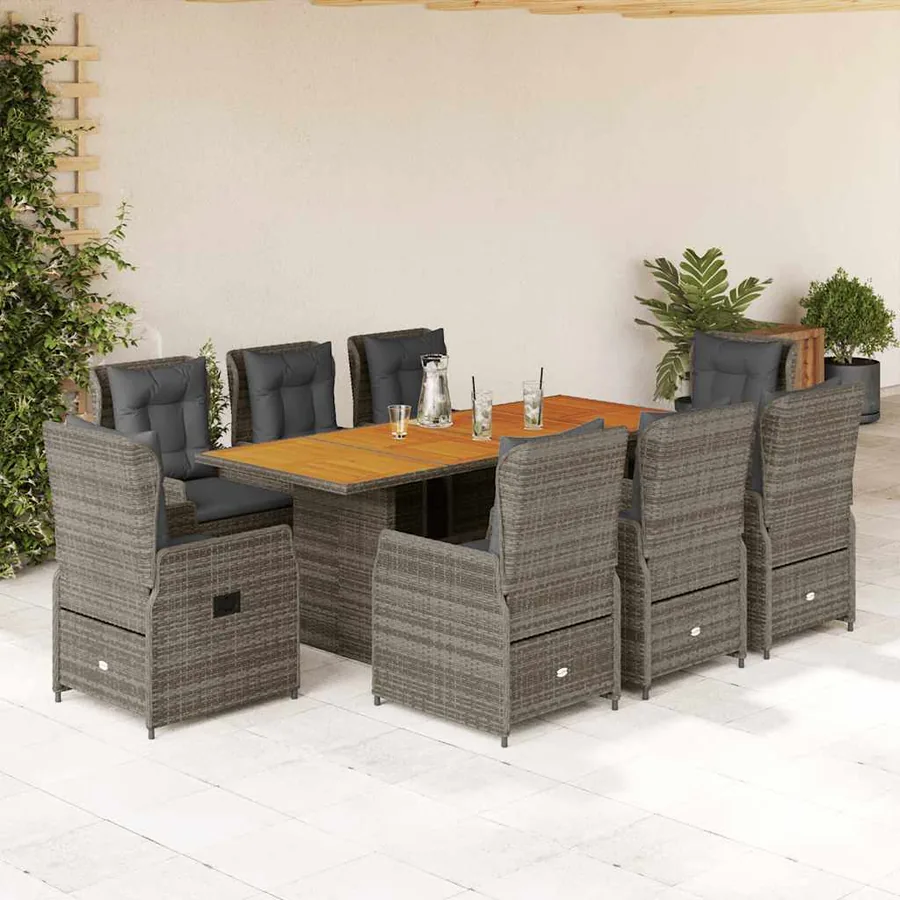 Ensemble à manger de jardin 9 pcs coussins gris résine tressée