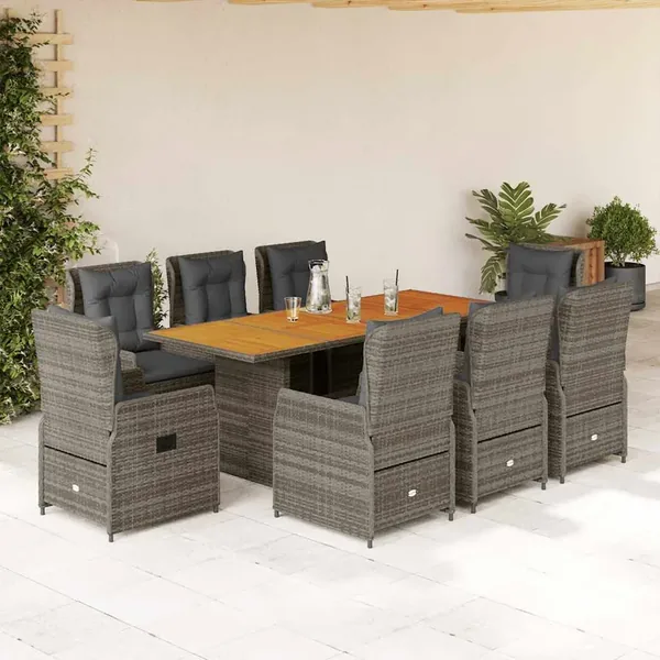 Ensemble à manger de jardin 9 pcs coussins gris résine tressée