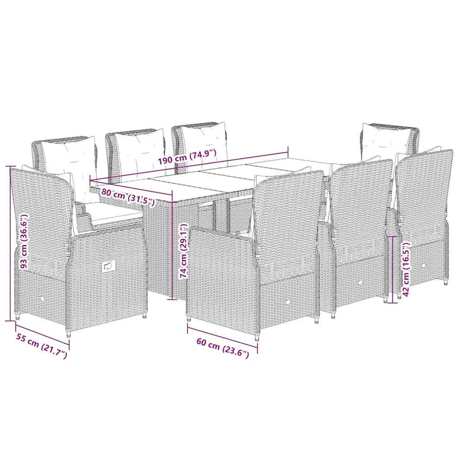Ensemble à manger de jardin 9 pcs coussins gris résine tressée - 8
