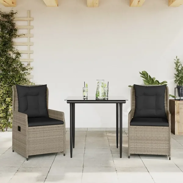 Ensemble à manger de jardin 3pcs coussins gris clair poly rotin