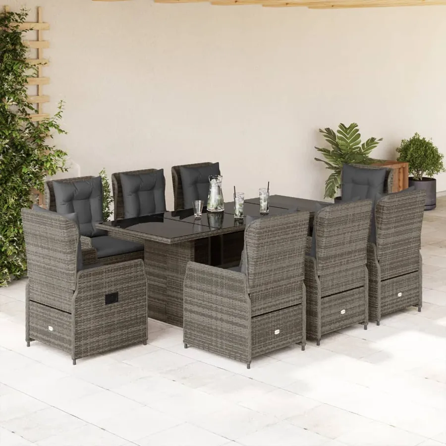 Ensemble à manger de jardin 9 pcs coussins gris résine tressée
