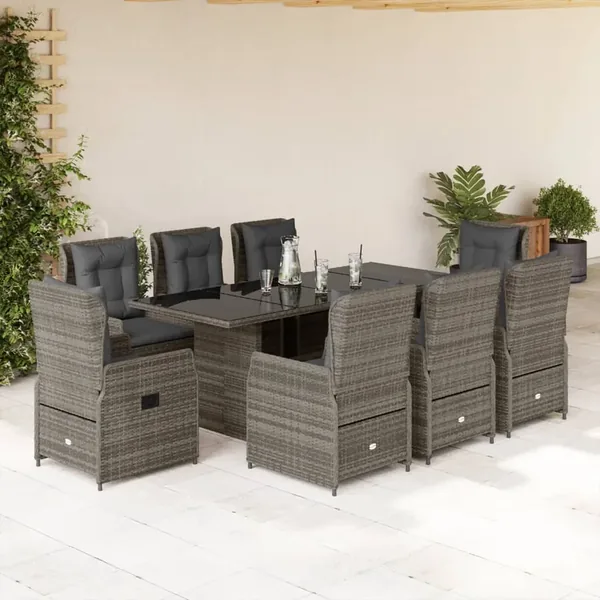 Ensemble à manger de jardin 9 pcs coussins gris résine tressée