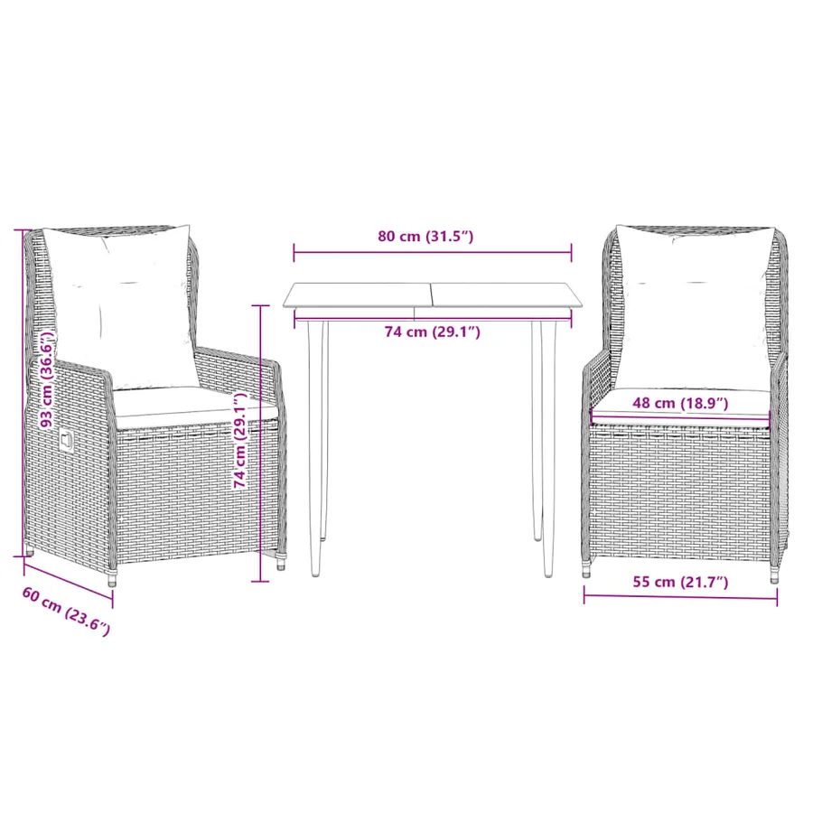 Ensemble à manger de jardin 3 pcs et coussins marron poly rotin - 8