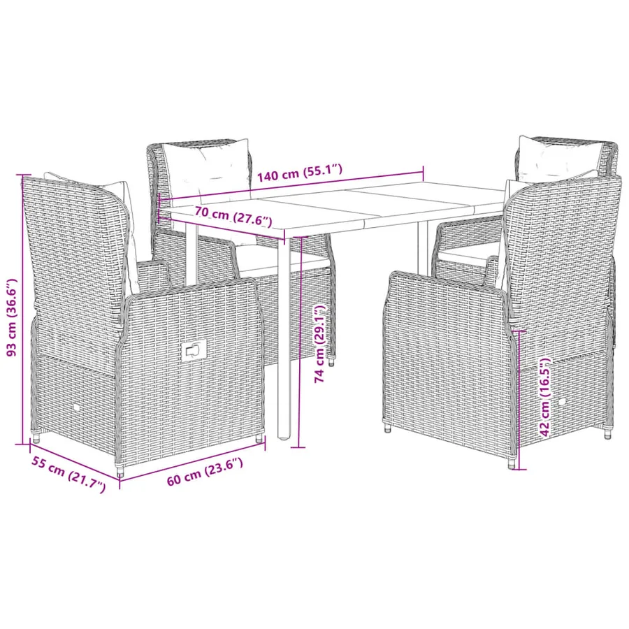 Ensemble à manger de jardin 5 pcs et coussins marron poly rotin - 8
