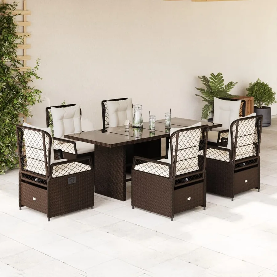 Ensemble à manger de jardin et coussins 7 pcs marron rotin