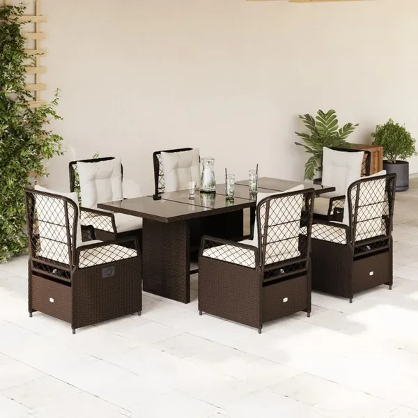 Ensemble à manger de jardin et coussins 7 pcs marron rotin