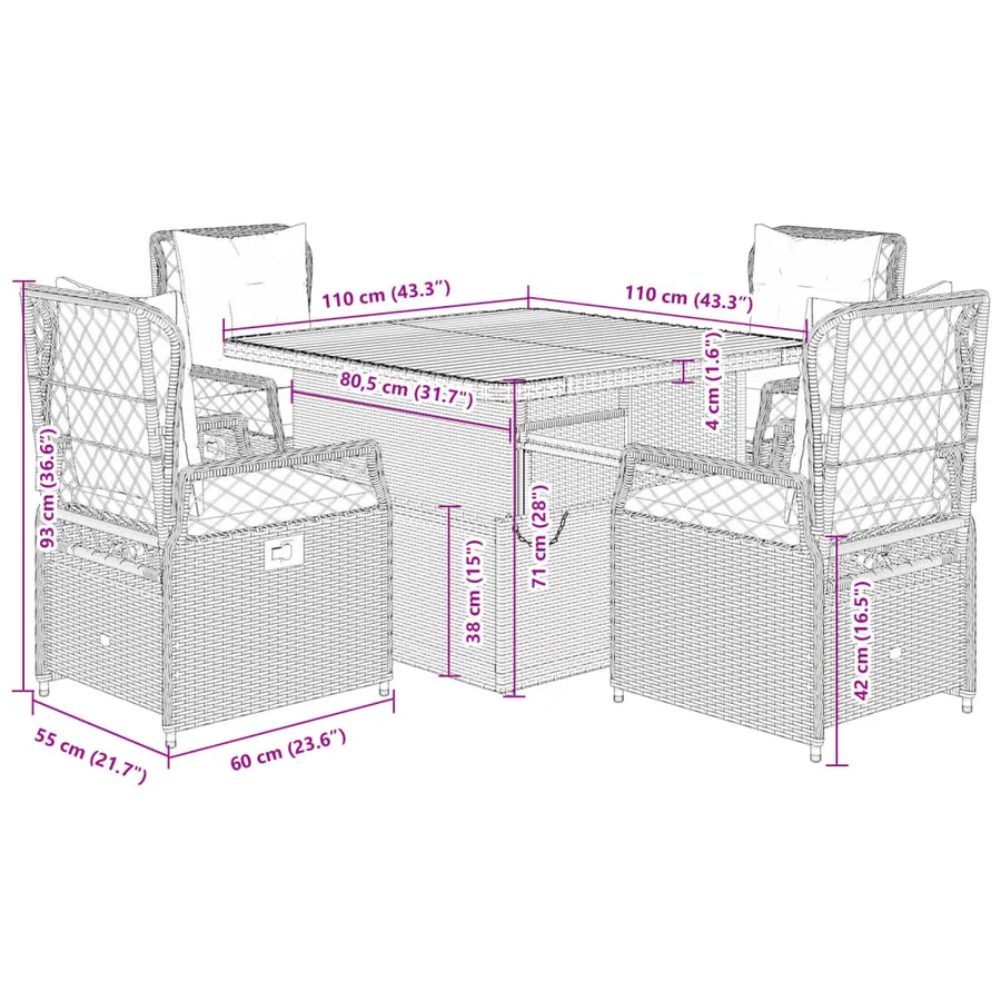 Ensemble à manger de jardin avec coussins 5pcs Beige poly rotin - 9