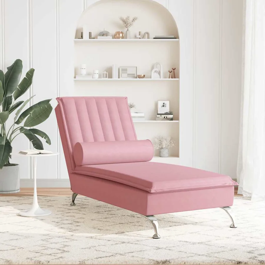 Chaise longue de massage avec traversin rose velours - 3