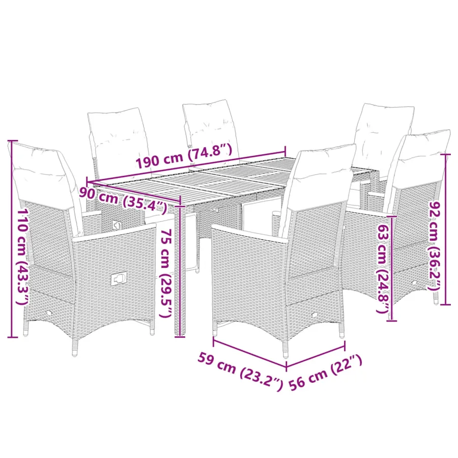 Ensemble de bistro de jardin 7 pcs coussins noir poly rotin - 7