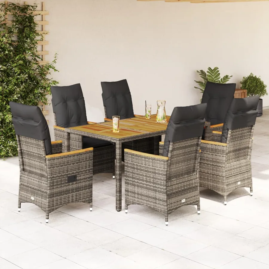 Ensemble à manger de jardin et coussins 7 pcs gris rotin