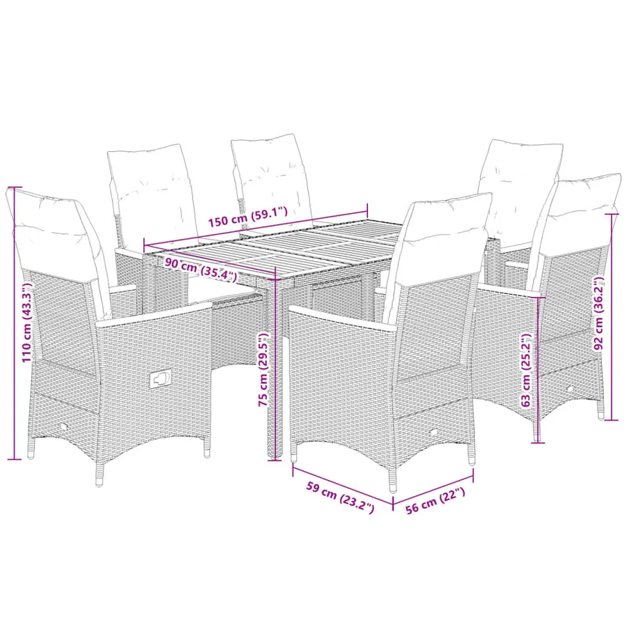 Ensemble à manger de jardin et coussins 7 pcs gris rotin - 7
