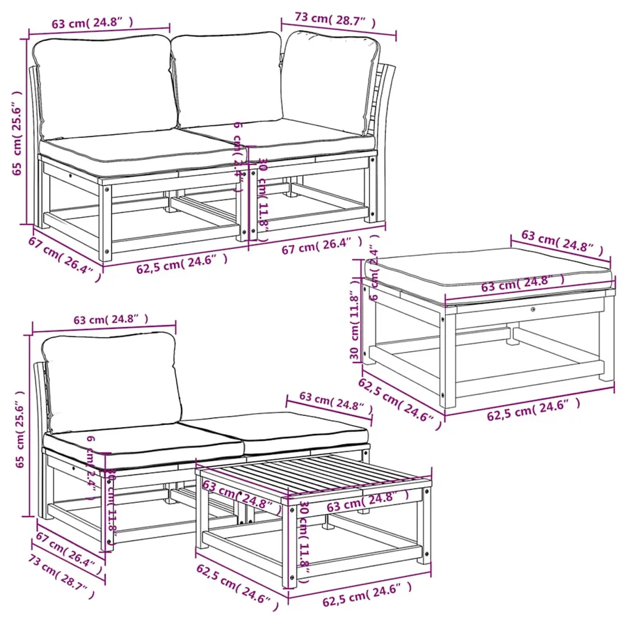 Salon de jardin 6 pcs avec coussins bois d'acacia solide - 9