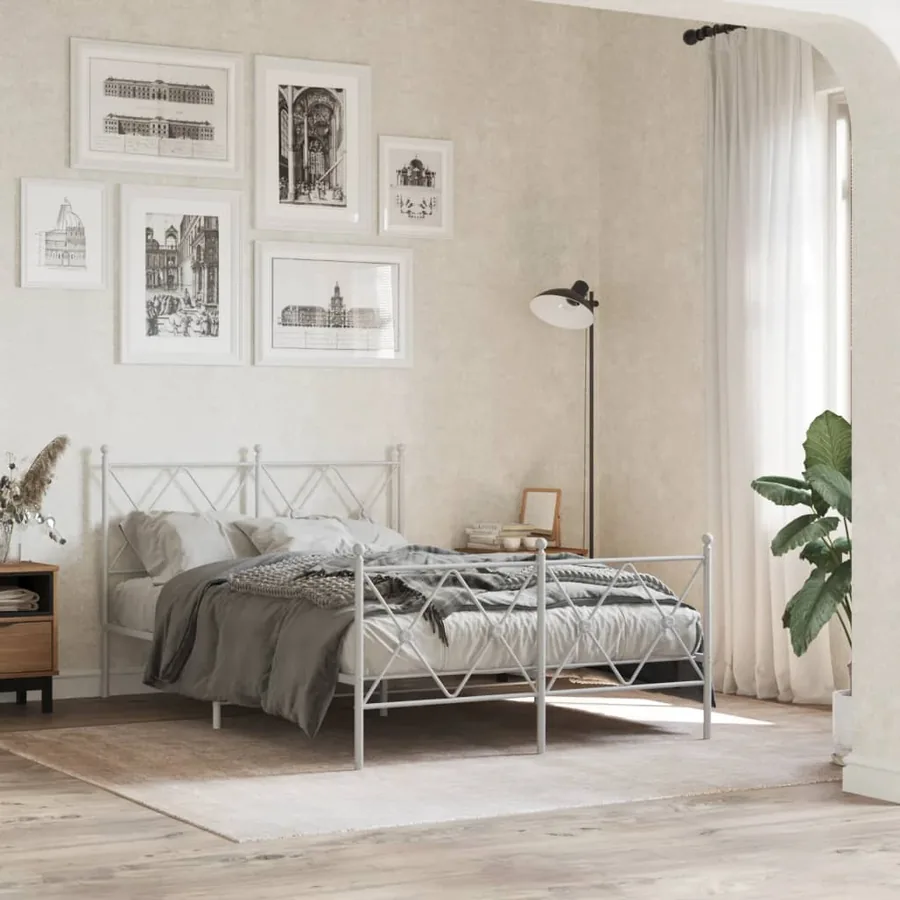 Cadre de lit métal sans matelas et pied de lit blanc 120x190 cm
