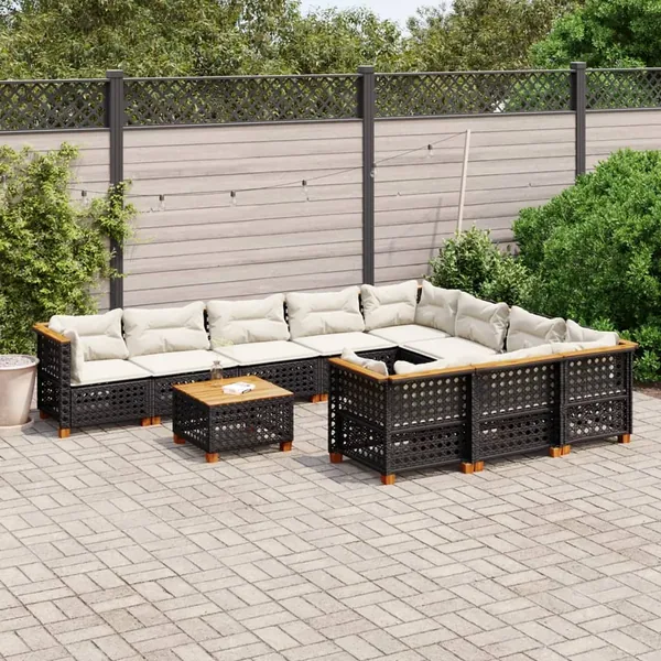 Salon de jardin 11 pcs avec coussins noir résine tressée