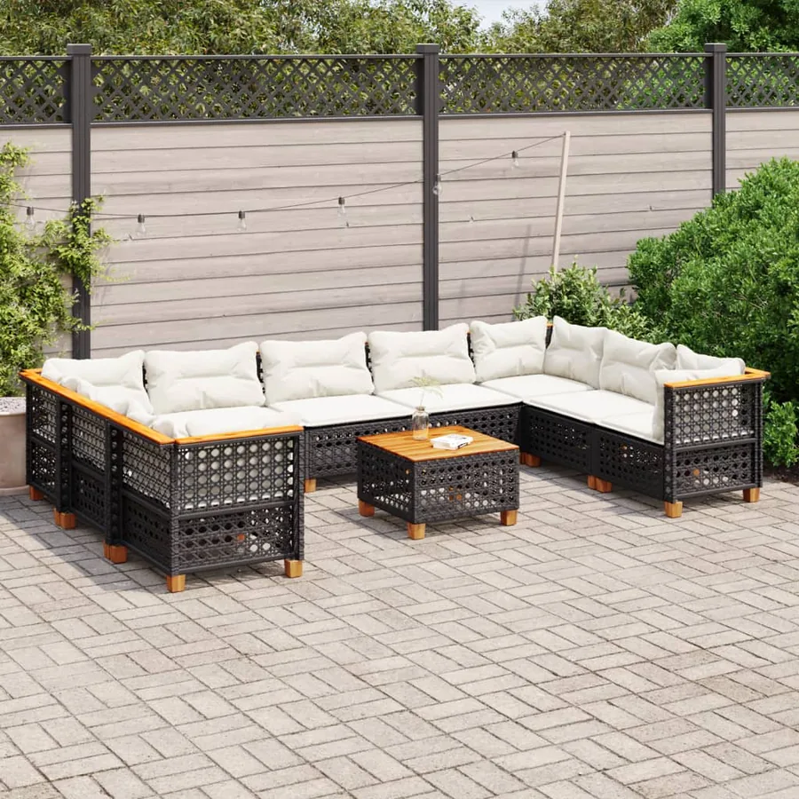 Salon de jardin 10 pcs avec coussins noir résine tressée