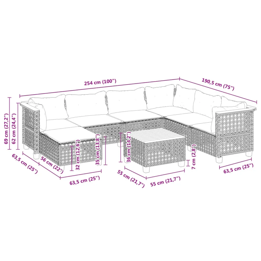 Salon de jardin 8 pcs avec coussins noir résine tressée - 9