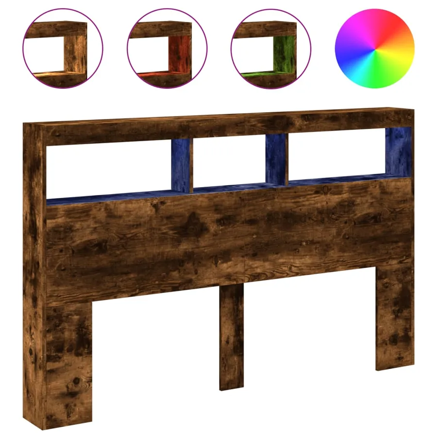 Armoire tête de lit avec LED chêne fumé 160x17x102 cm - 2