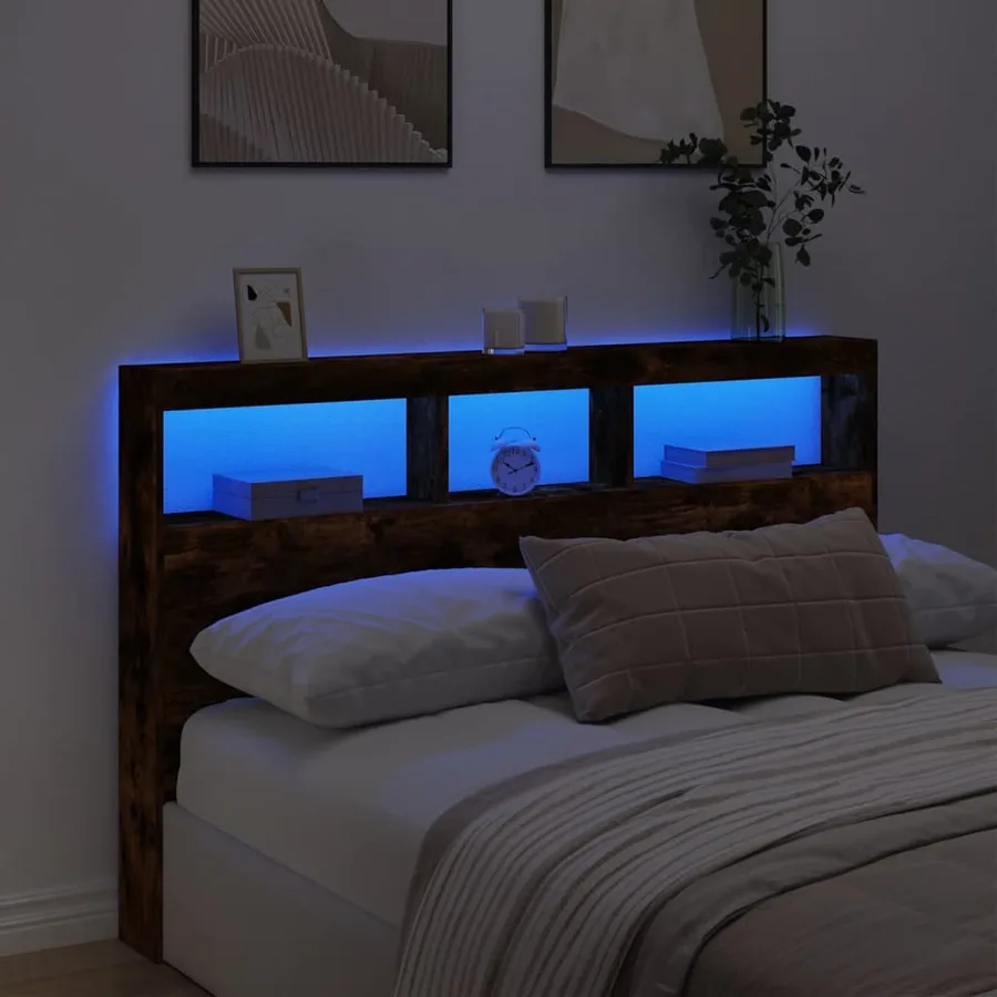 Armoire tête de lit avec LED chêne fumé 160x17x102 cm - 4