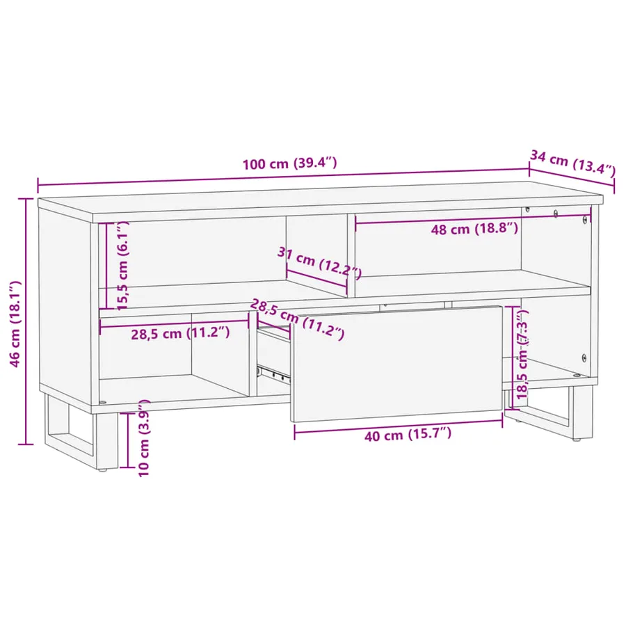 Meuble TV 100x34x46 cm bois massif de manguier - 11