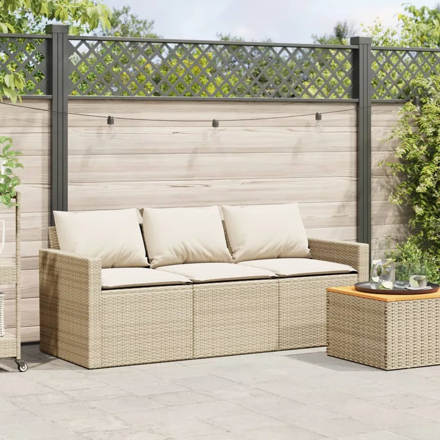 Canapé de jardin avec coussins 3 places beige résine tressée - 3