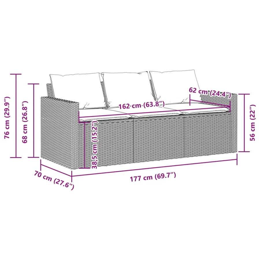 Canapé de jardin avec coussins 3 places beige résine tressée - 8