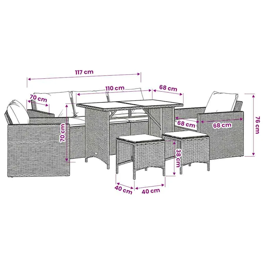 Salon de jardin 6 pcs avec coussins noir résine tressée - 10