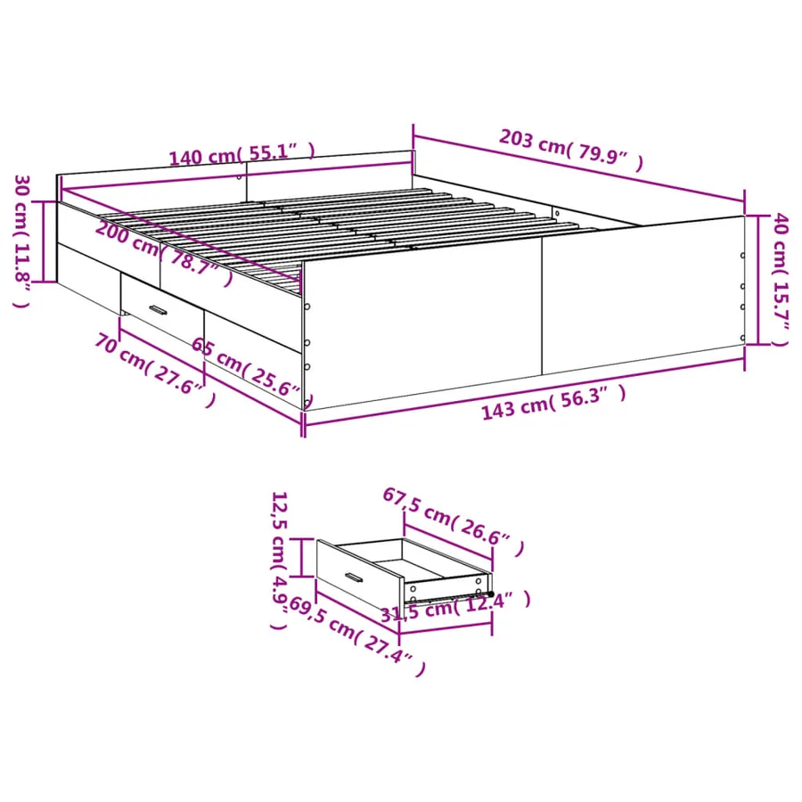 Cadre de lit avec tiroirs sans matelas gris béton 140x200 cm - 11