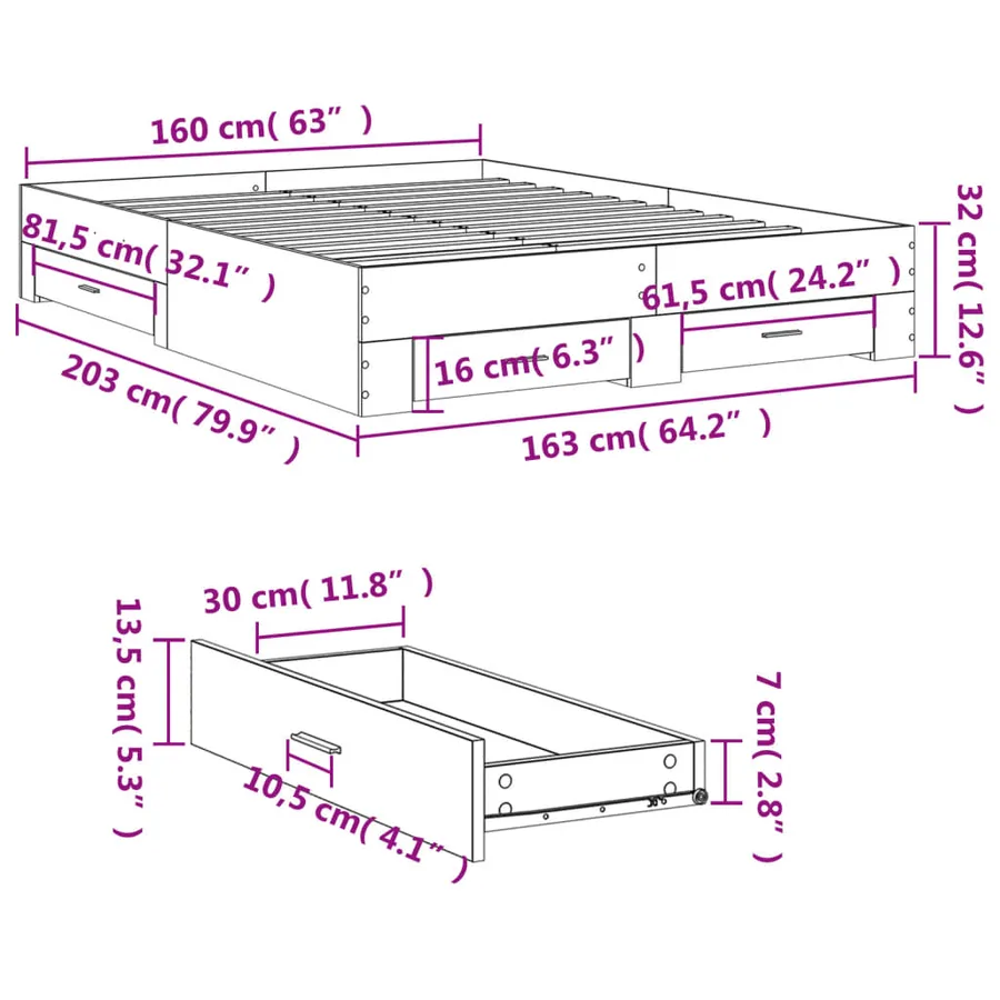 Cadre de lit avec tiroirs sans matelas blanc 160x200 cm - 10