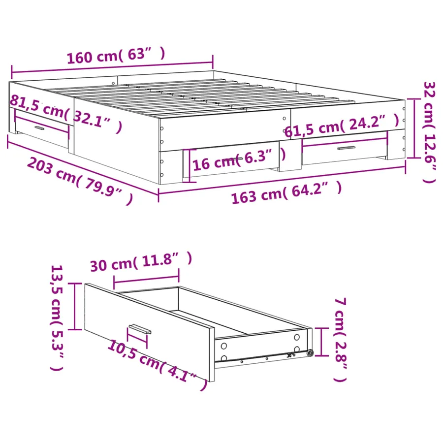 Cadre de lit avec tiroirs sans matelas chêne sonoma 160x200 cm - 10