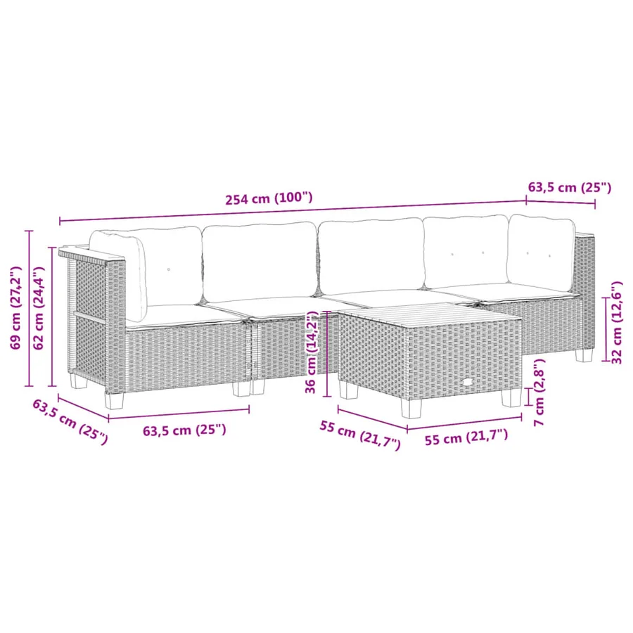 Salon de jardin 5 pcs avec coussins gris résine tressée - 8