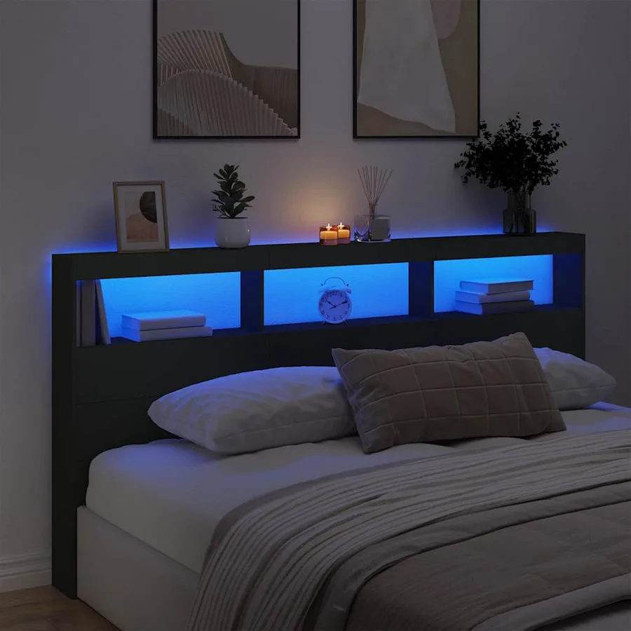 Armoire tête de lit avec LED noir 200x17x102 cm - 4