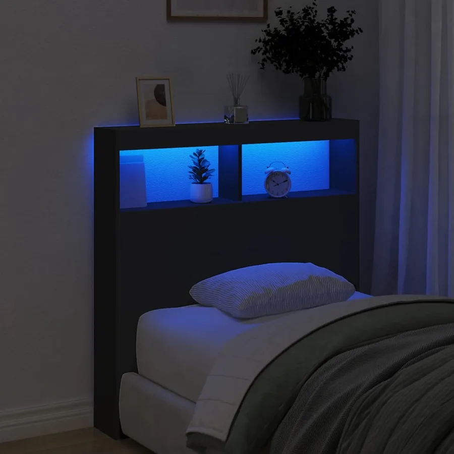 Armoire tête de lit avec LED noir 100x17x102 cm - 4