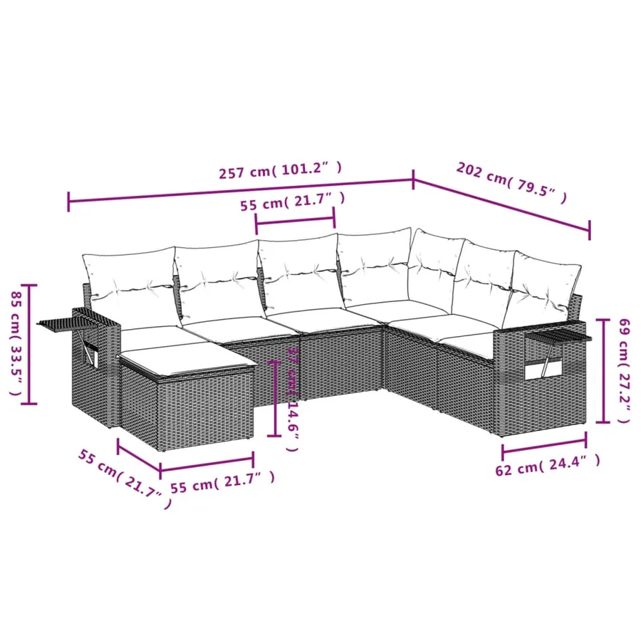 Salon de jardin avec coussins 7 pcs marron résine tressée - 3
