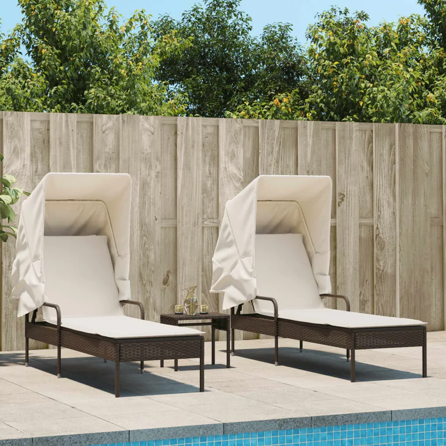Chaises longues lot de 2 avec auvents et table gris poly rotin - 12