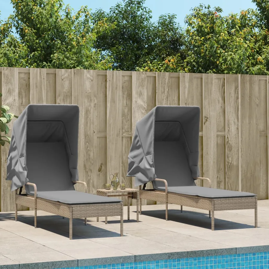 Chaises longues lot de 2 avec auvents et table gris poly rotin - 23