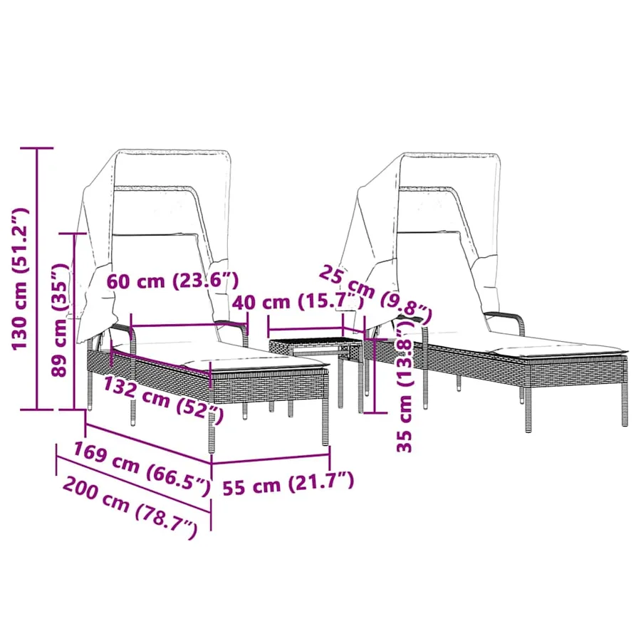 Chaises longues lot de 2 avec auvents et table gris poly rotin - 54