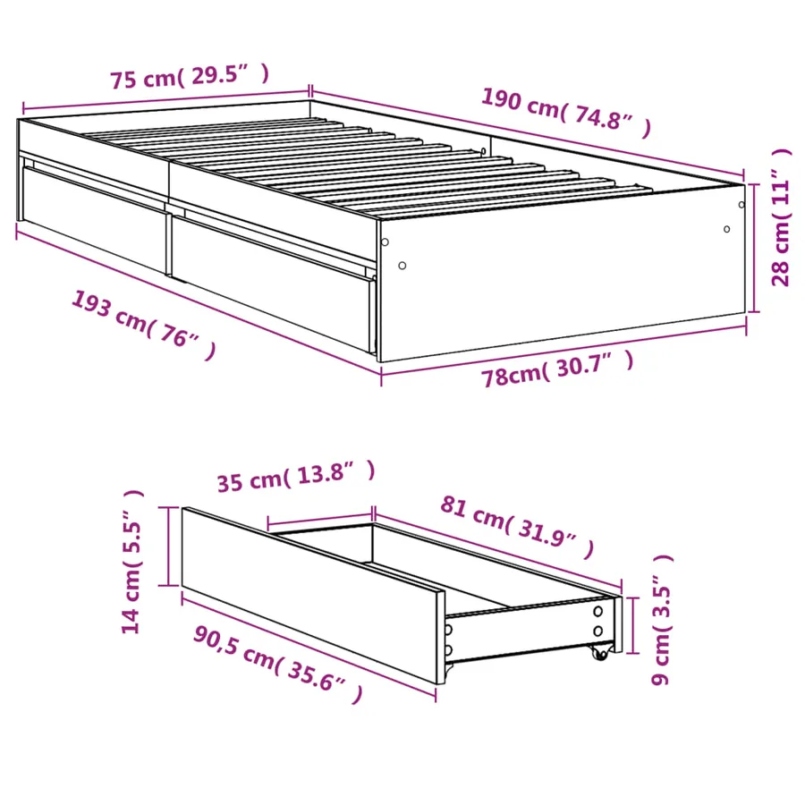 Cadre de lit avec tiroirs sans matelas sonoma gris 75x190 cm - 10