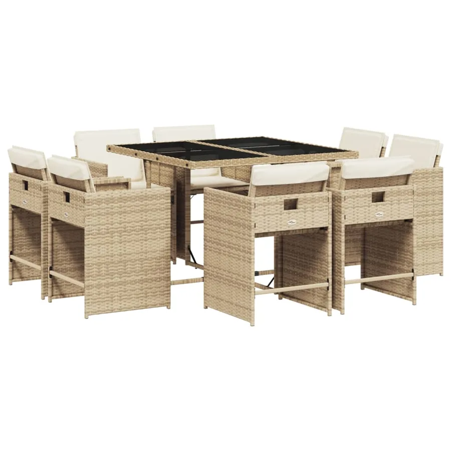 Ensemble à manger de jardin et coussins 9 pcs beige Poly rotin - 2