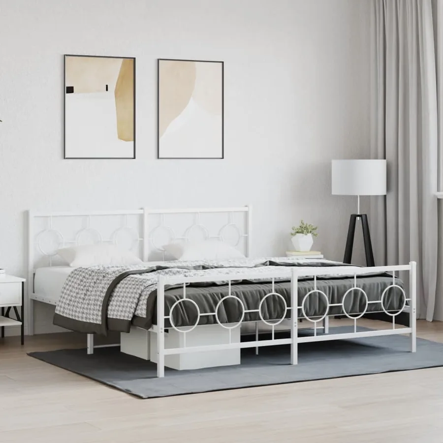 Cadre de lit métal sans matelas et pied de lit blanc 180x200 cm
