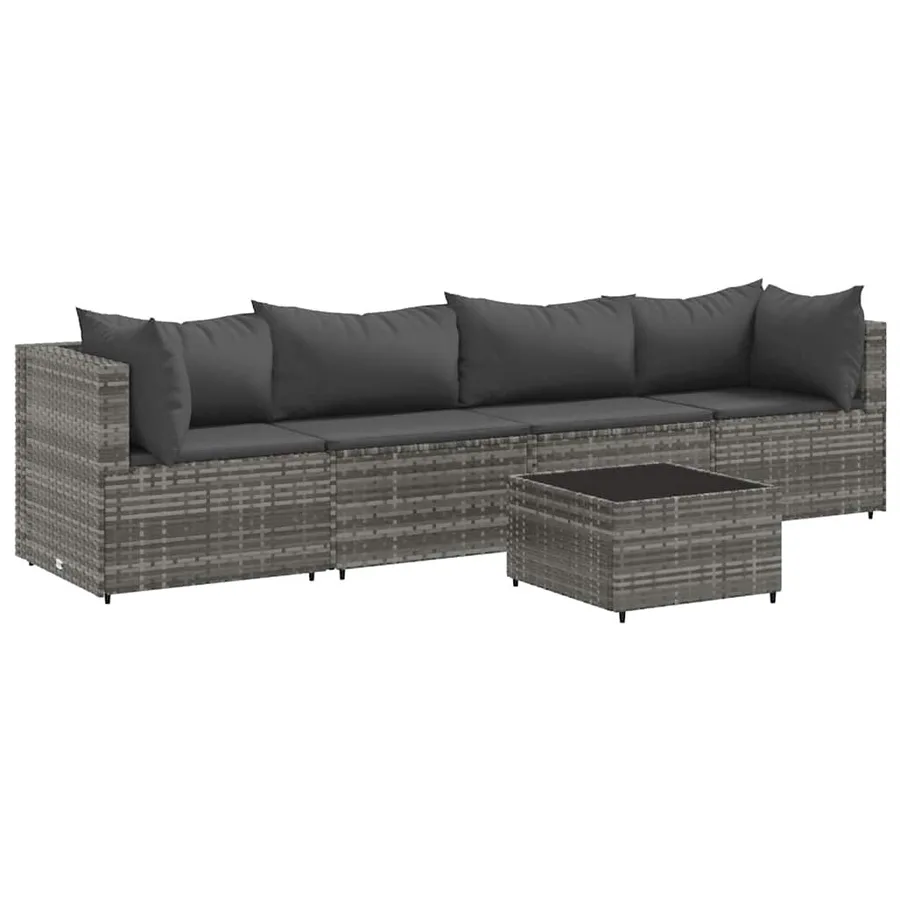 Salon de jardin 5 pcs avec coussins Gris Résine tressée - 2
