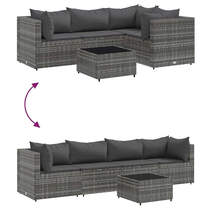 Salon de jardin 5 pcs avec coussins Gris Résine tressée - 6