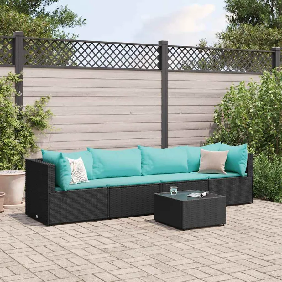 Salon de jardin 5 pcs avec coussins Noir Résine tressée