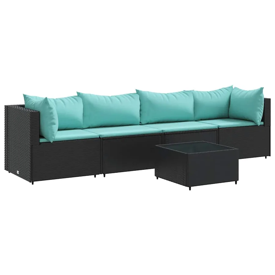 Salon de jardin 5 pcs avec coussins Noir Résine tressée - 2