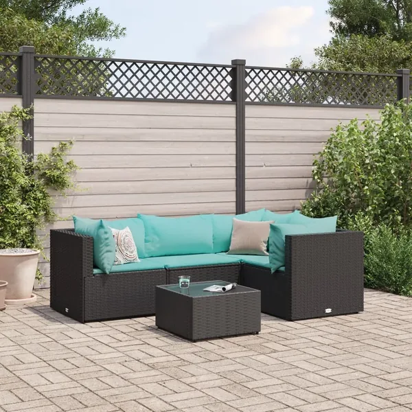 Salon de jardin 5 pcs avec coussins Noir Résine tressée