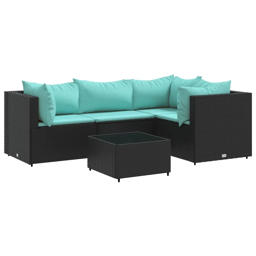 Salon de jardin 5 pcs avec coussins Noir Résine tressée - 2