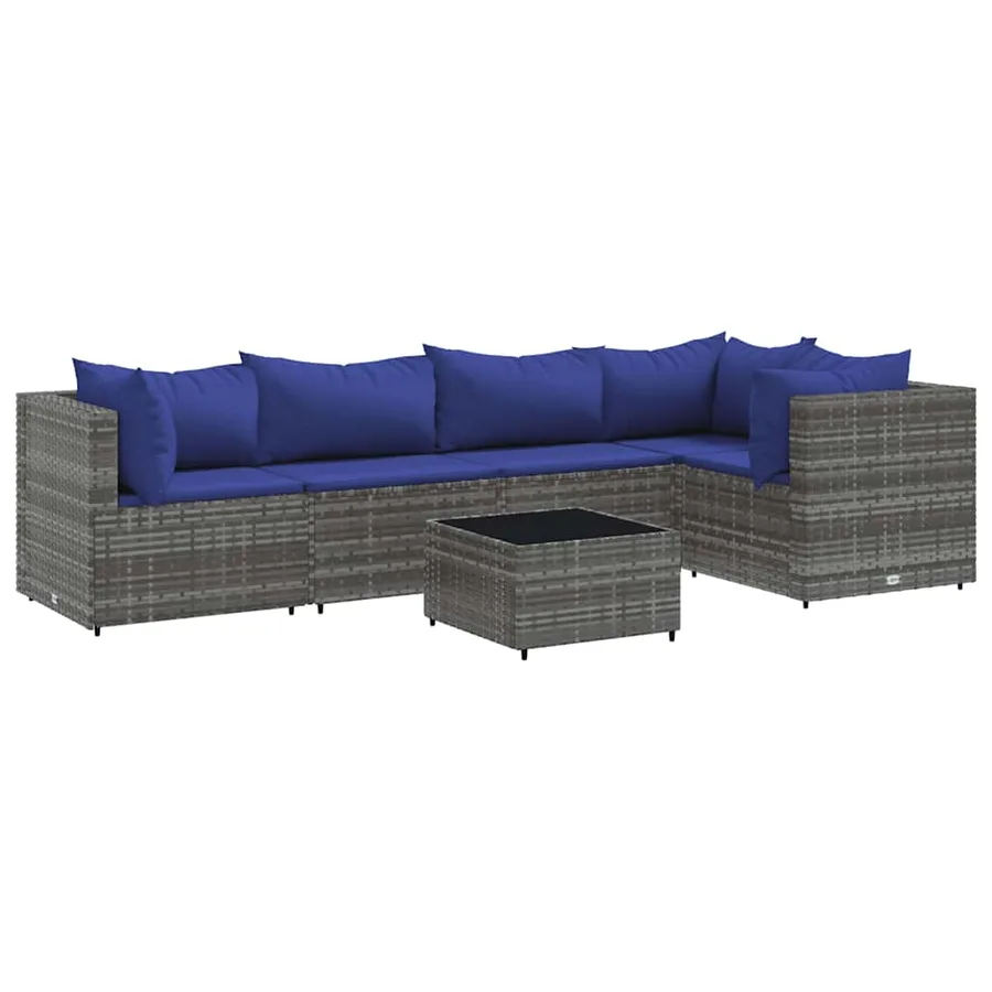 Salon de jardin 6 pcs avec coussins Gris Résine tressée - 2