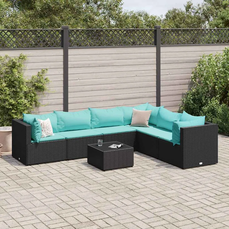 Salon de jardin 7 pcs avec coussins Noir Résine tressée 63 x 63 x 57,5 cm - 48,9 kg